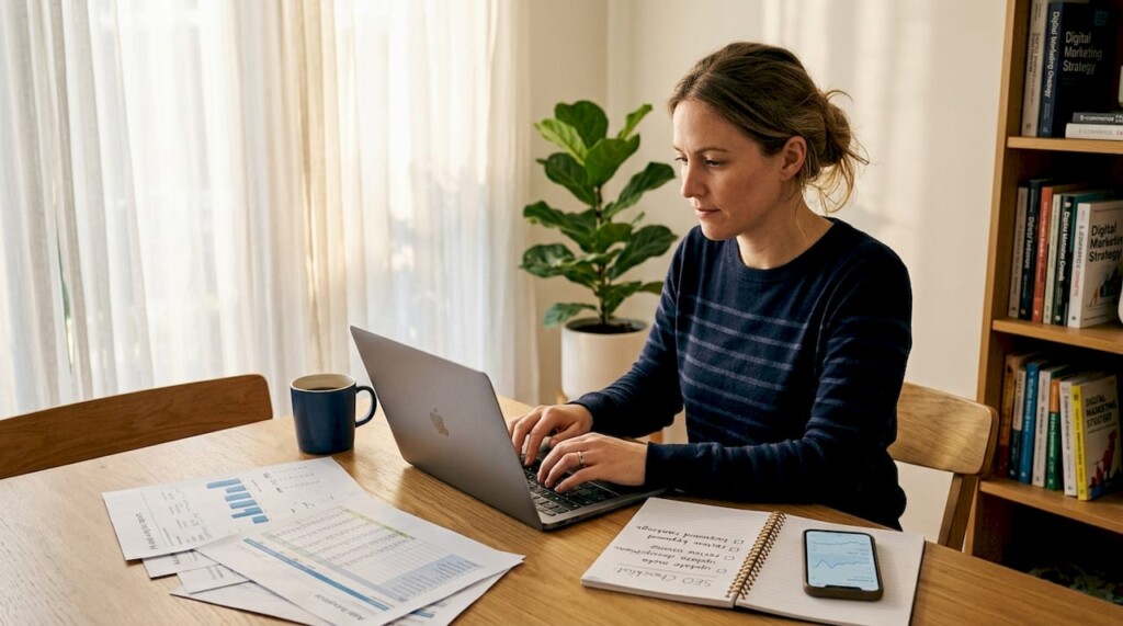 E-commerce manager reviewing SEO analytics at home