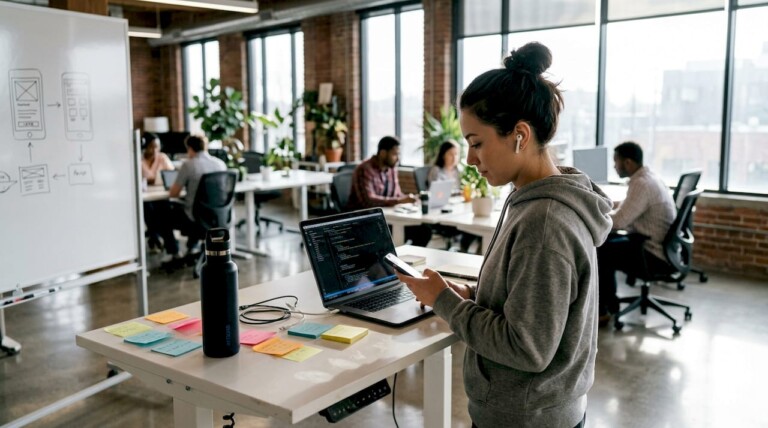 Mobile developer working at standing desk